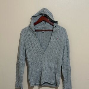 Y2K Light Gray Cable-Knit Hooded Sweater